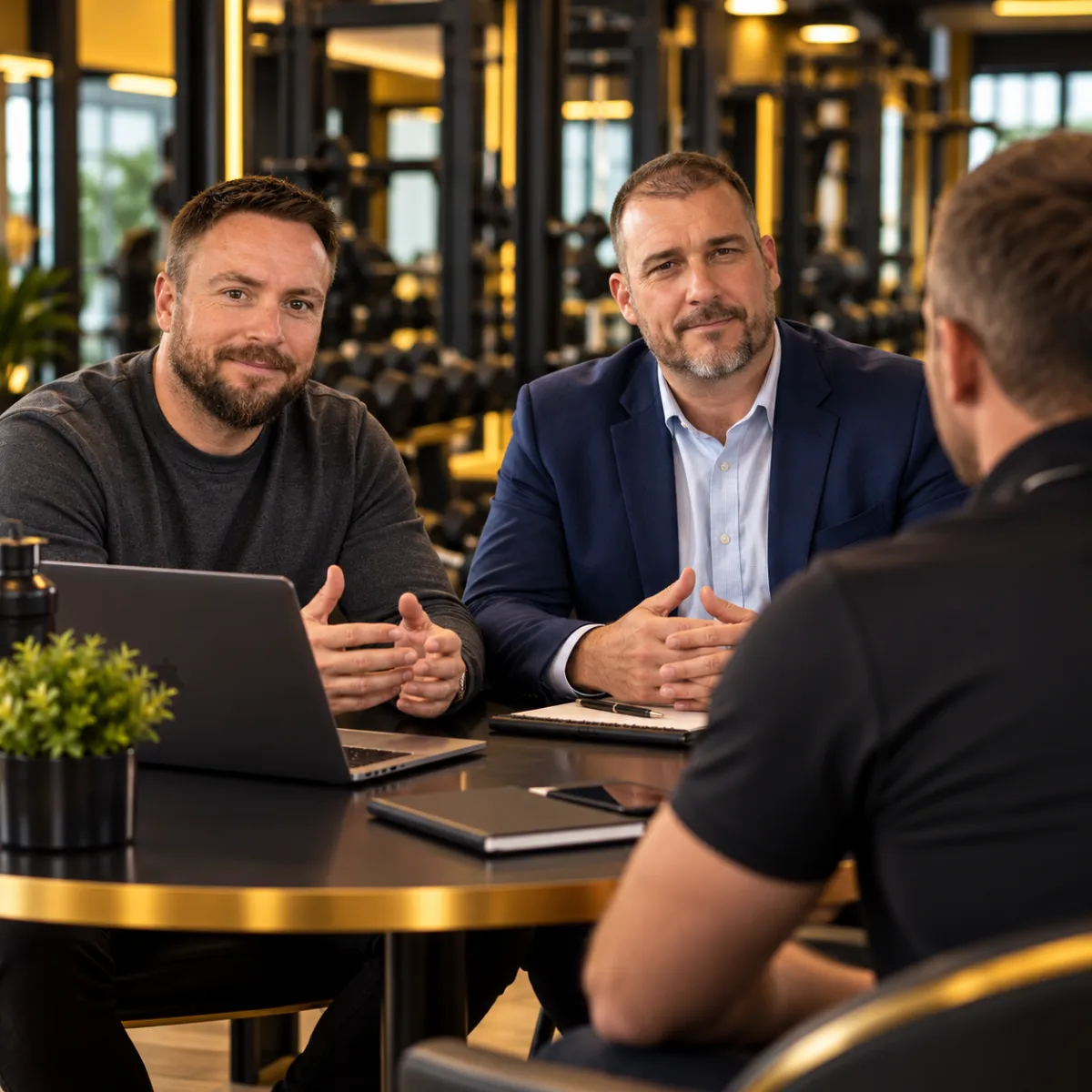 Two business people reviewing a progress dashboard on a laptop in a modern premium gym office