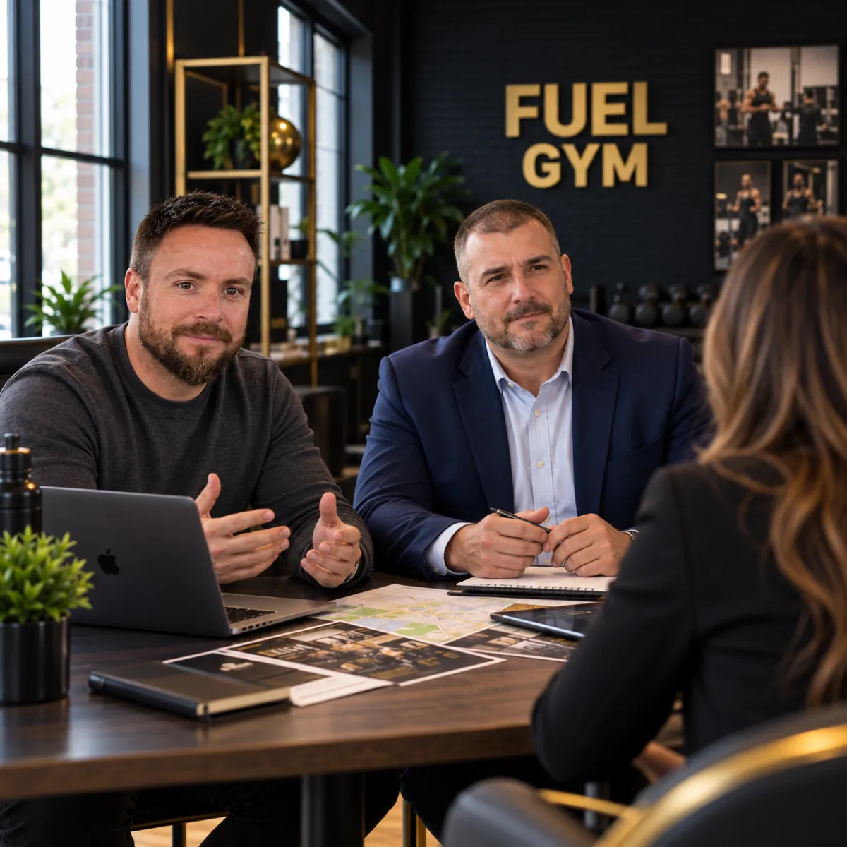 Collaborative professional team discussing fitness franchise strategy in an open-plan gym operations office