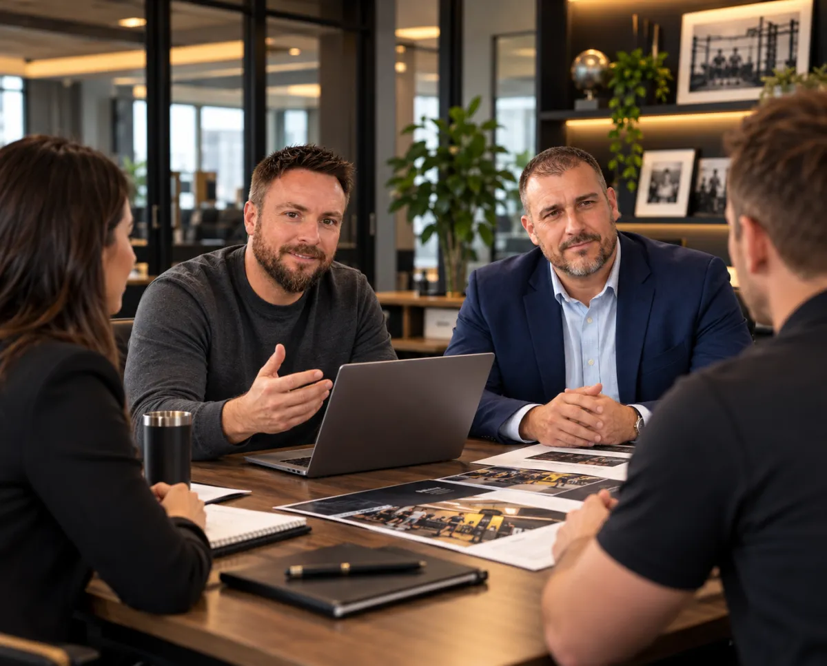 Boutique fitness studio management team collaborating in an open gym office environment