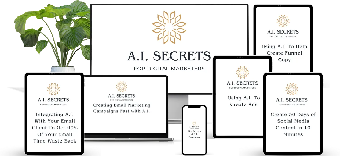 AI Secrets for Digital Marketers displayed across multiple devices