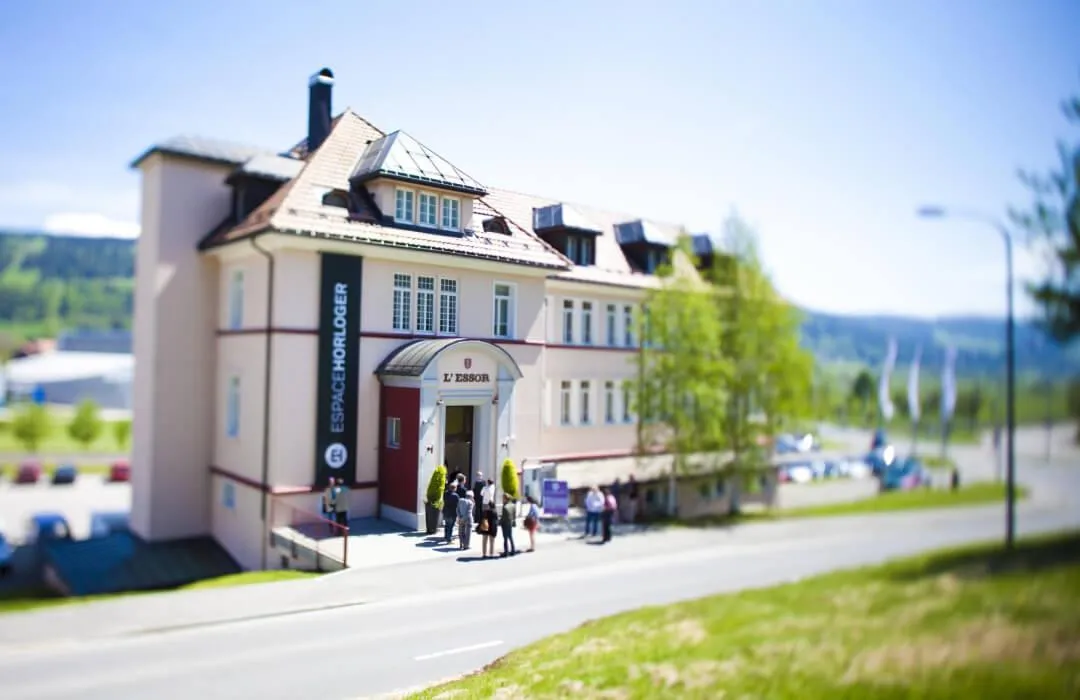 Espace Horloger watch museum in Vallée de Joux with visitors outside