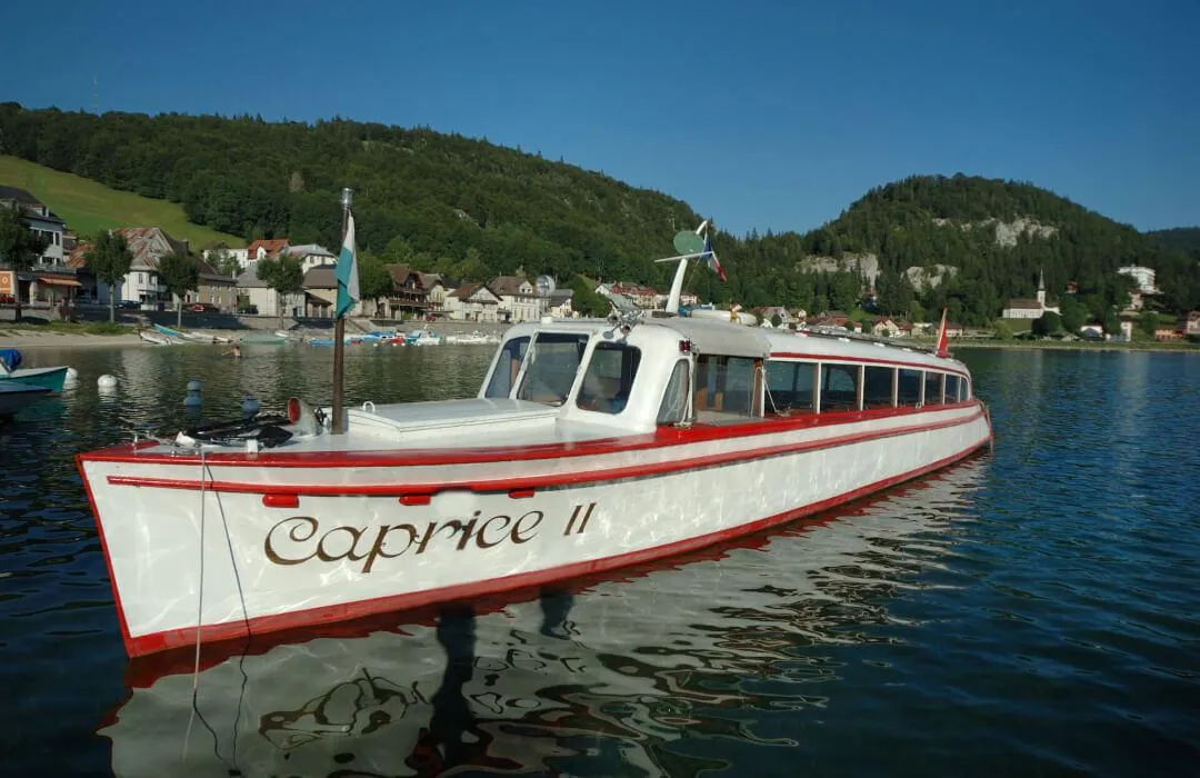 Caprice II boat on Lake Joux near Le Pont village, Switzerland