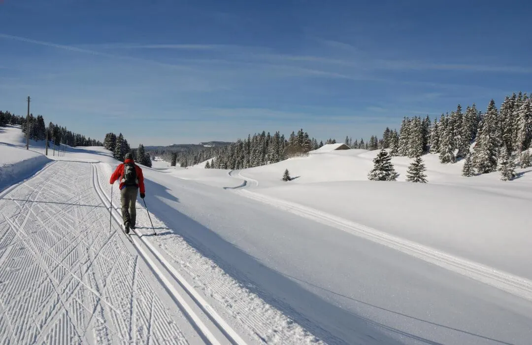 Cross-country skiing on snowy trails and forest ridges in Vallée de Joux