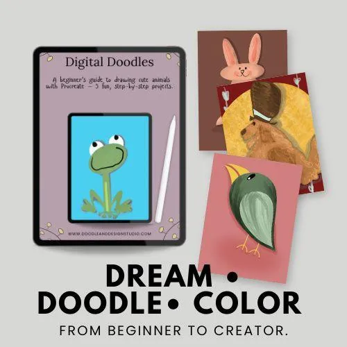 procreate for beginners learn to draw cute animals a picture of a bird, dog, bunny and a frog