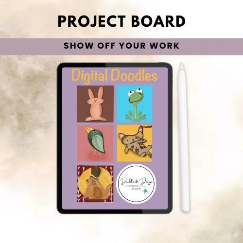 drawing on procreate for beginners, ipad and apple pencil purple background with five animal cartoons