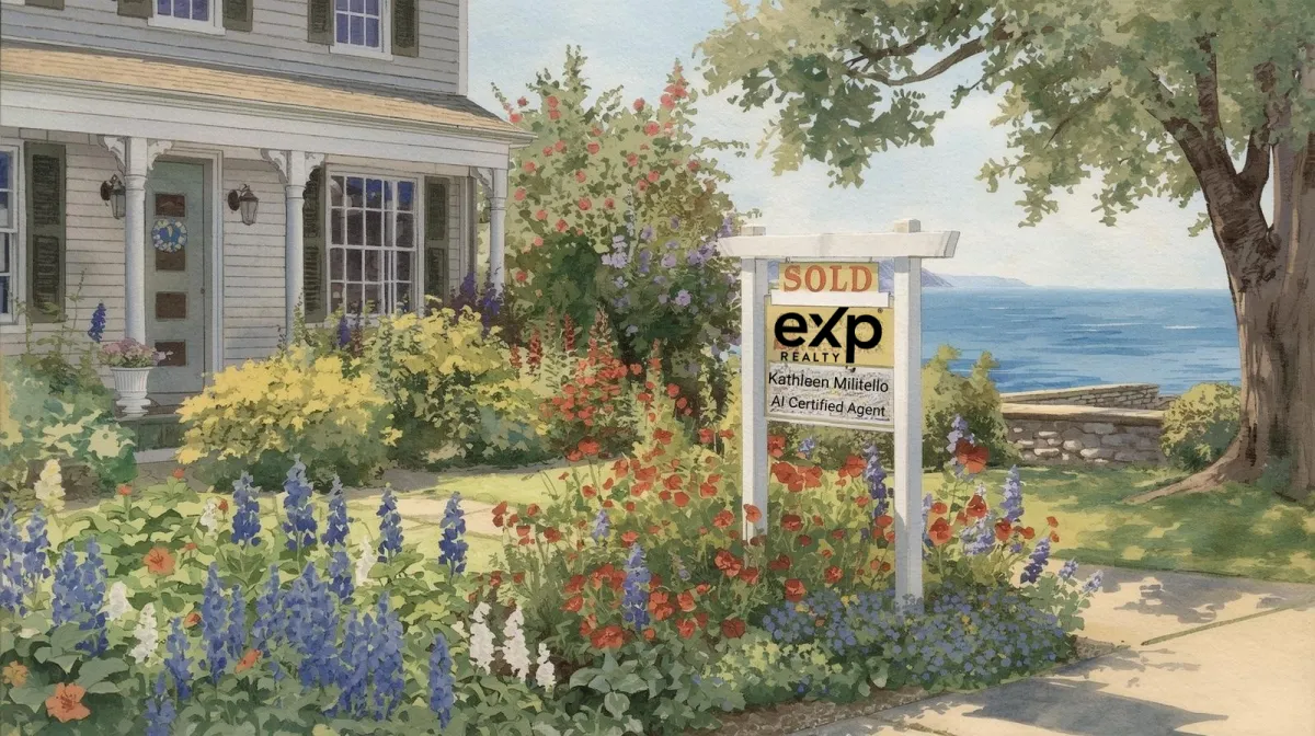 Watercolor-style illustration of a coastal New England home with a lush flower garden, ocean view, and a real estate sign reading “Sold” for Kathleen Militello, eXp Realty, in the front yard.