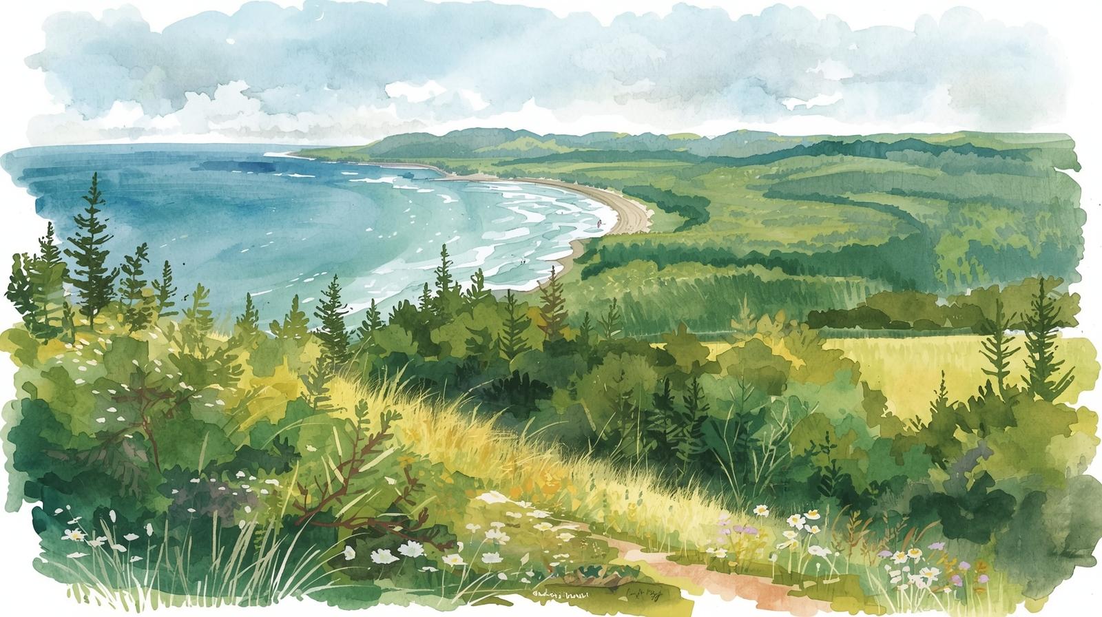 Watercolor landscape of Crane Beach and the surrounding coastal trails, with rolling green dunes, pine trees, wild grasses, and a sweeping shoreline under a soft blue-gray sky.