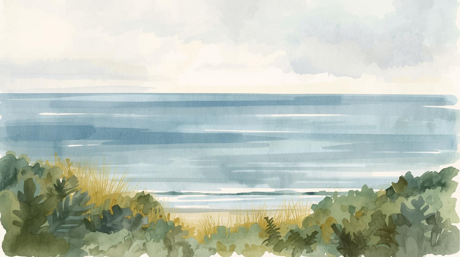 Watercolor illustration of a calm coastal beach scene with soft blue water, pale sky, sandy shoreline, and green dune vegetation in the foreground.