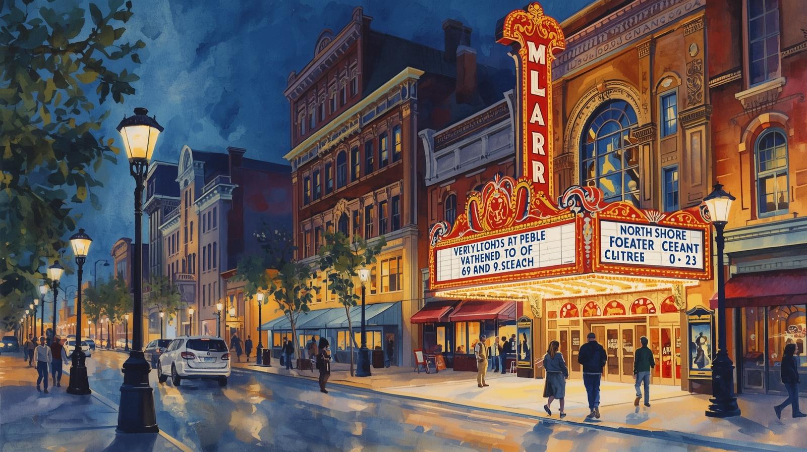 Watercolor-style evening street scene in downtown Beverly, Massachusetts, featuring the historic Cabot theater marquee glowing with warm lights, pedestrians on the sidewalk, parked cars, and old brick buildings under a deep blue sky.