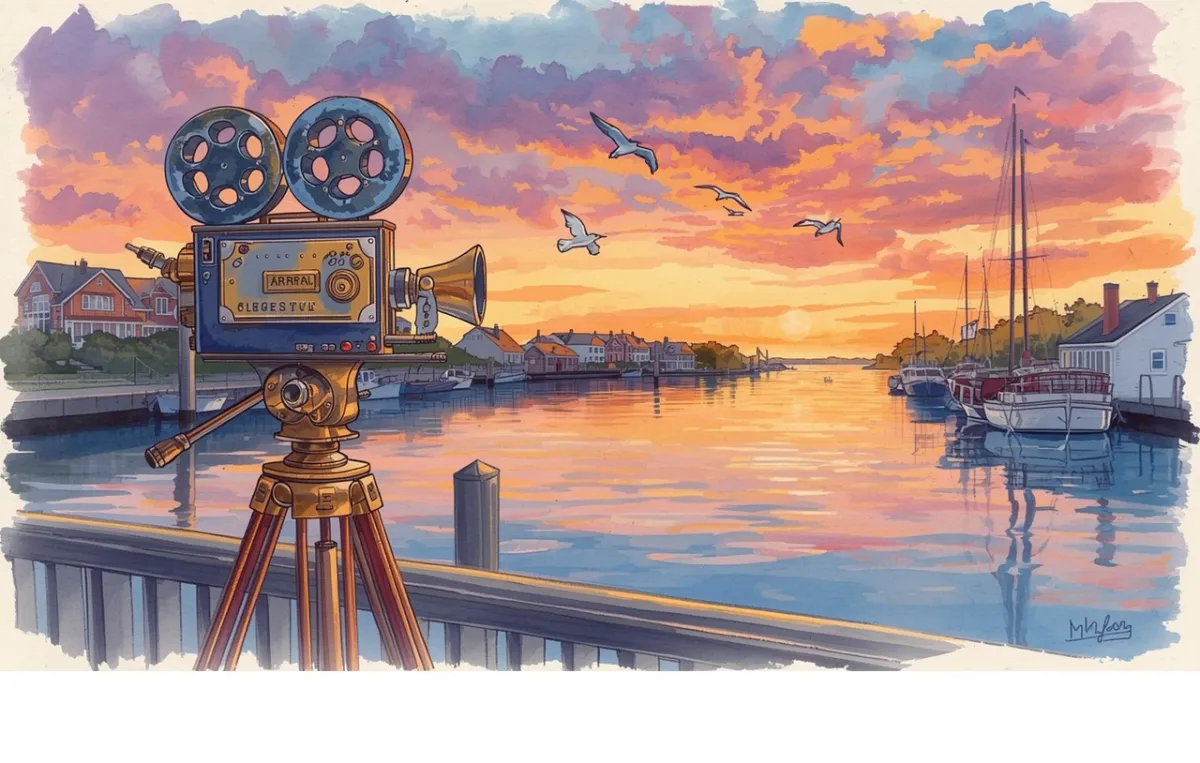 Watercolor illustration of a vintage film camera on a tripod overlooking a calm harbor at sunset, with colorful clouds, flying seagulls, docked sailboats, and coastal houses lining the waterfront.