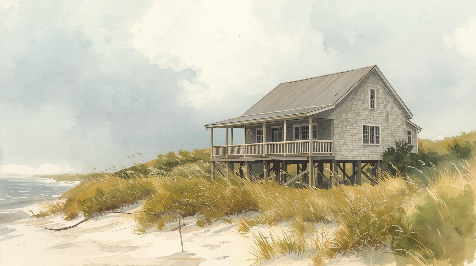 Watercolor of a gray coastal cottage on stilts near a sandy shoreline, surrounded by tall beach grass and marsh vegetation under a soft cloudy sky.
