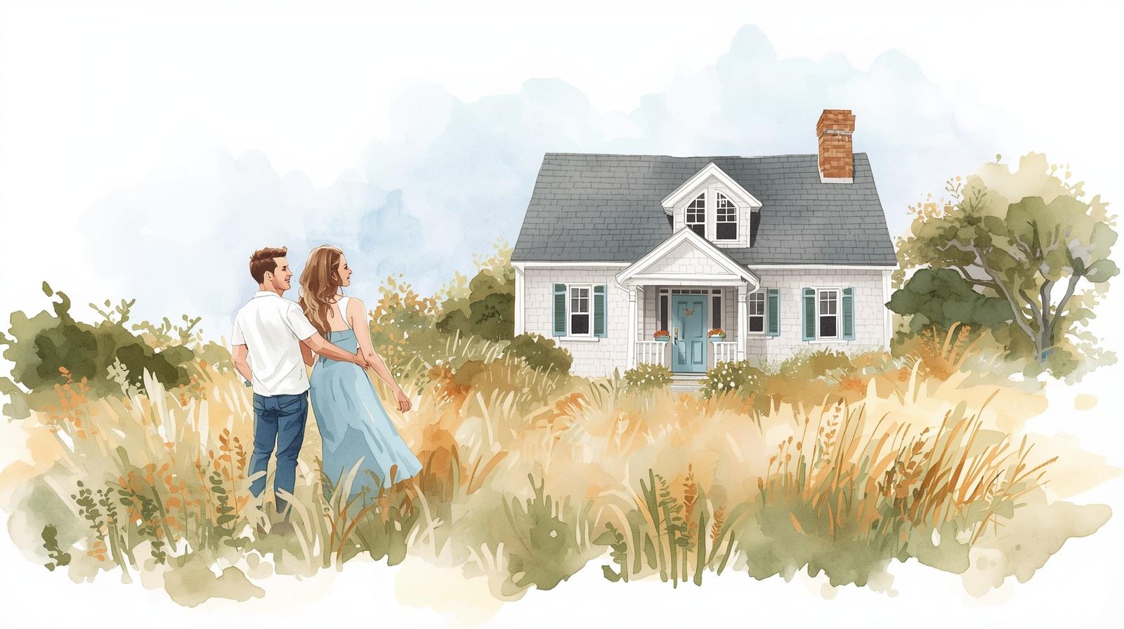 Watercolor illustration of a first-time homebuyer couple standing in a grassy field and looking at a charming cottage-style home, with soft coastal colors and an airy, welcoming feel.