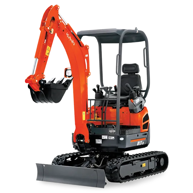 A large excavator and compact loader parked on a construction site at sunrise, with safety cones and freshly moved earth in the background. The equipment is clean and well-maintained.