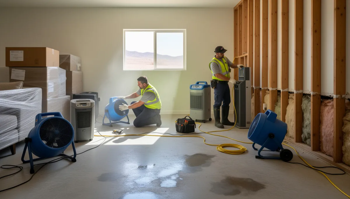 A basement in an American home with drying fans and dehumidifiers set up, technicians working, and drywall removed after water damage.