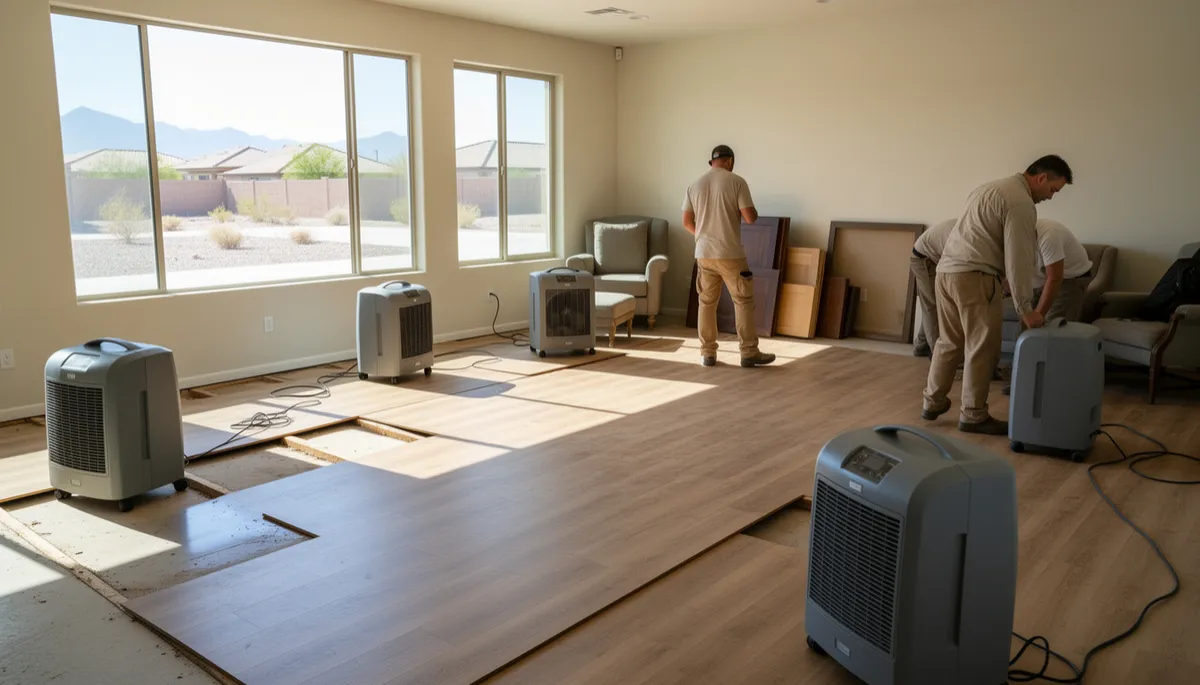 Restoration crew drying out a flooded living room with professional equipment in a well-lit home.