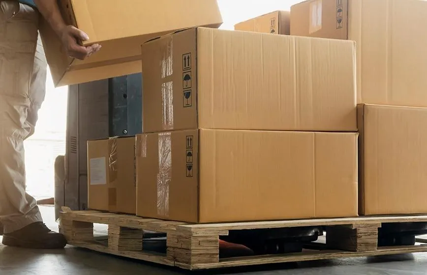 stacking cardboard boxes on a wooden pallet in a warehouse