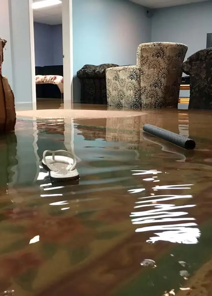 A flooded living room with water covering the floor