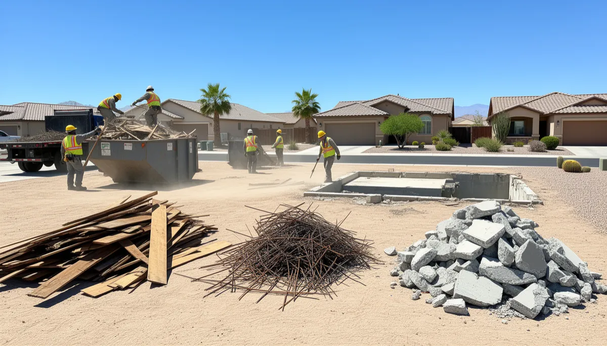 Workers clearing sorted demolition debris from a residential lot in a sunny suburban neighborhood.