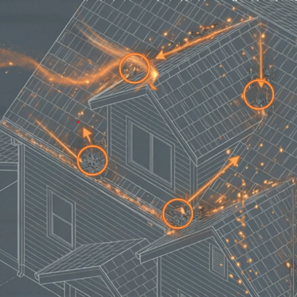 blueprint drawing of a house with wildfire embers hitting leaves