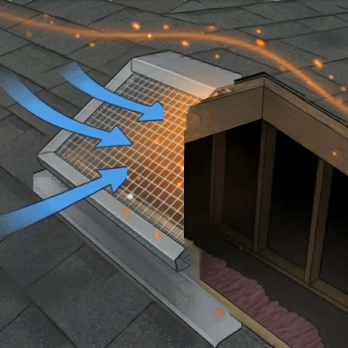 blueprint drawing of a house with wildfire embers hitting leaves