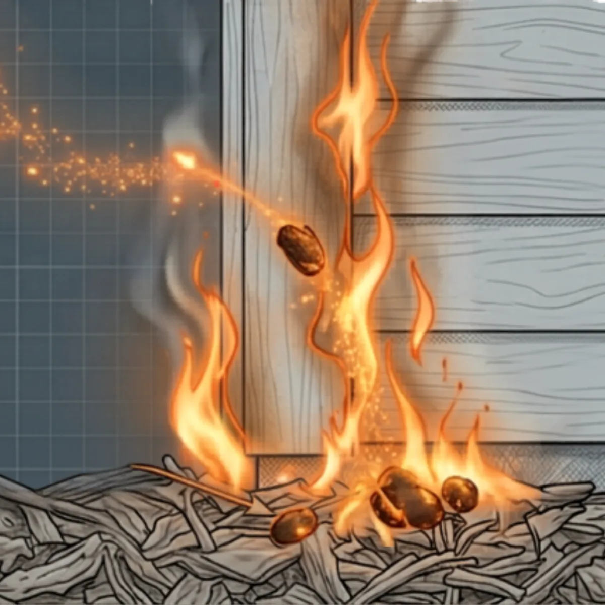 blueprint drawing of a house with wildfire embers hitting leaves