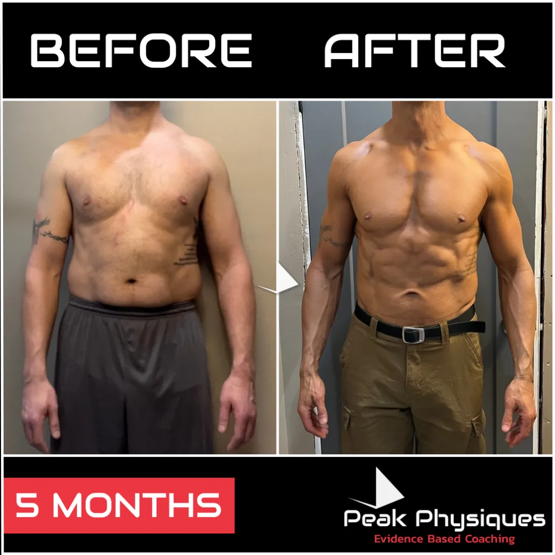 Male client transformation: before and after photo showing significant fat loss and muscle gain results using personalized coaching.