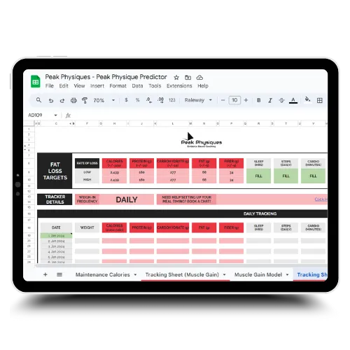 Daily tracking sheet interface for logging key metrics and monitoring progress during muscle gain or fat loss phases.