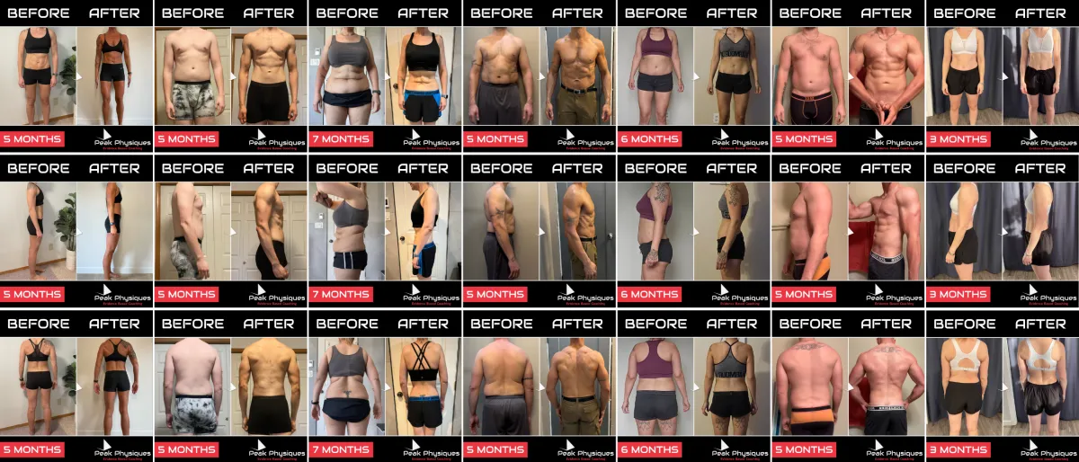 Collage of client fitness transformations showcasing before and after results for fat loss, muscle gain, and overall body recomposition.
