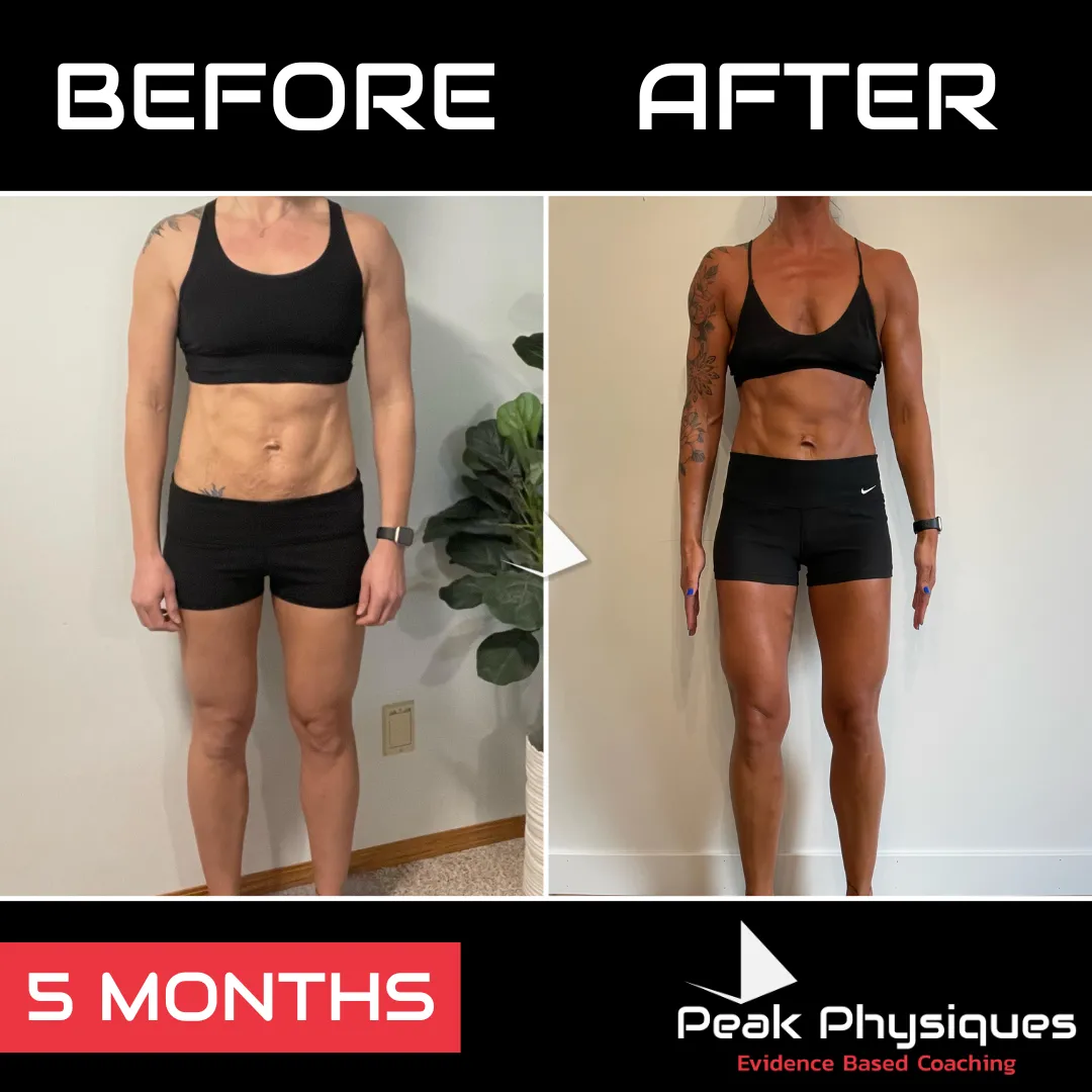 Female client transformation: before and after photo showing significant fat loss and muscle gain results using personalized coaching.