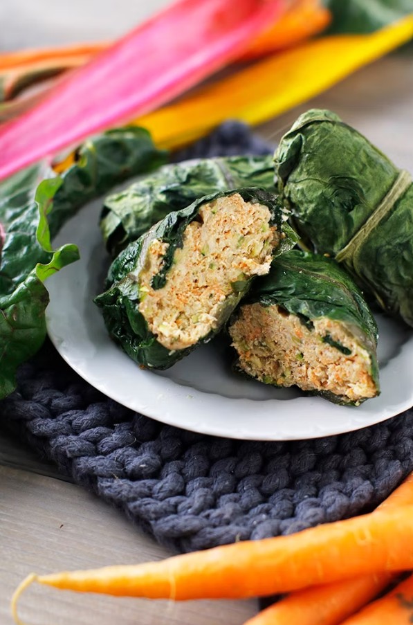 Turkey Chard Roll-Ups with Avocado Sauce