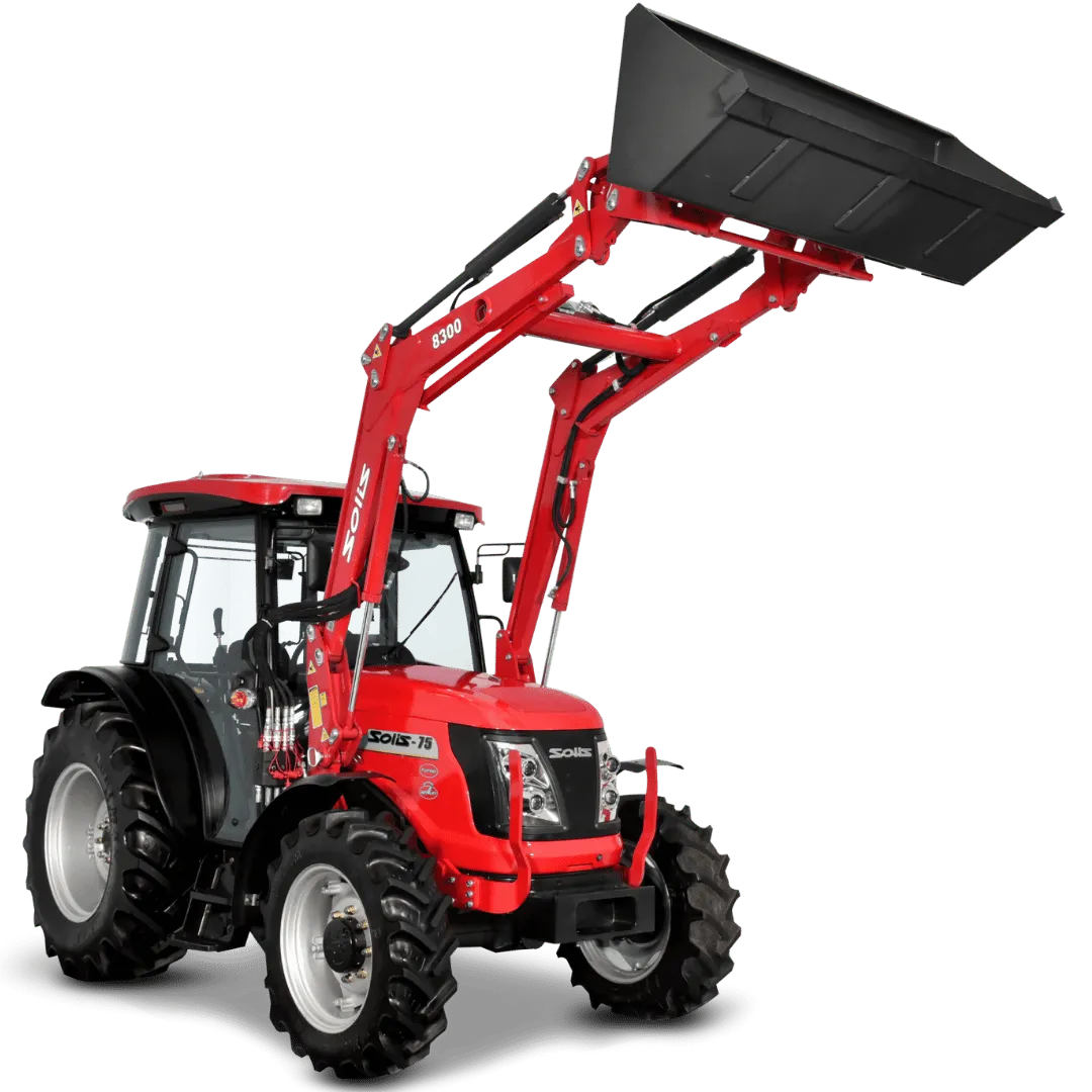 Red Solis tractor with front loader attachment sold by ZDE power equipment dealer in Southeastern Illinois