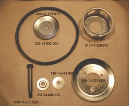 Cuyuna and 2si air-cooled engine fan pulley halves, fan shaft, spacer, tensioning shims, fan belt, and recoil cup