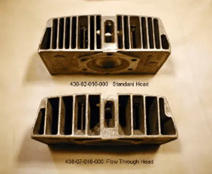 Cuyuna and 2si engine cylinder heads, including standard head and flow-through head models