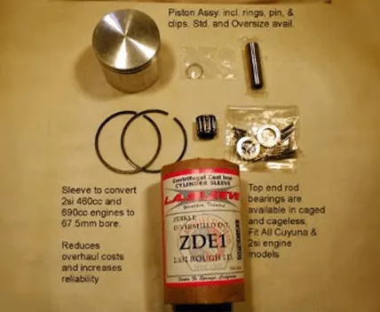 Cuyuna piston assembly kit with rings, pin, clips, sleeve, bearing, and ZDE1 lubricant for 2si and Cuyuna engines