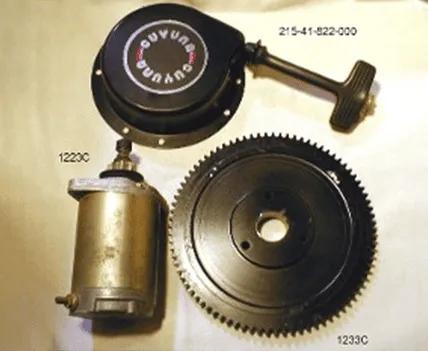 Cuyuna current-style recoil assembly with starter motor and starter ring gear for electric start engines