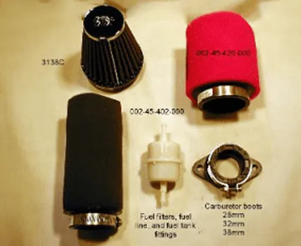 Cuyuna air filters for air-cooled and liquid-cooled engines with carburetor boots for 28mm, 32mm, and 36mm carburetors