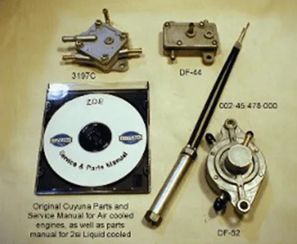 alt="Mikuni fuel pumps and throttle splitter for Cuyuna single, twin, and triple-cylinder engines with service manuals CD
