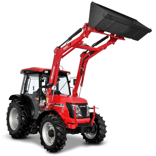 Red Solis tractor with front loader attachment sold by ZDE power equipment dealer in Southeastern Illinois