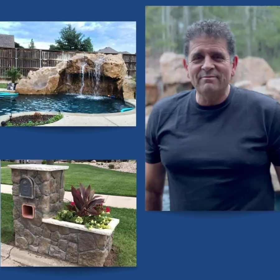 Dave Montoya, Founder and CEO of Lurncete Training with two projects completed using Lurncrete's unique concrete, formless wall system, and rocks made from panel molds