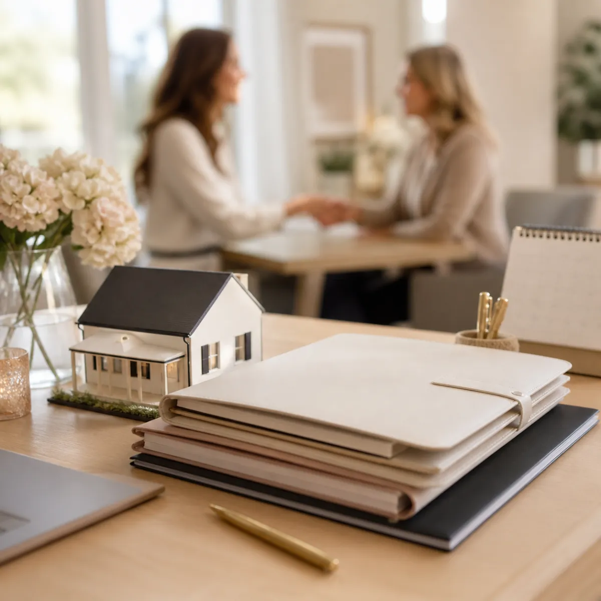 Organized real estate transaction coordination desk with house model and documents