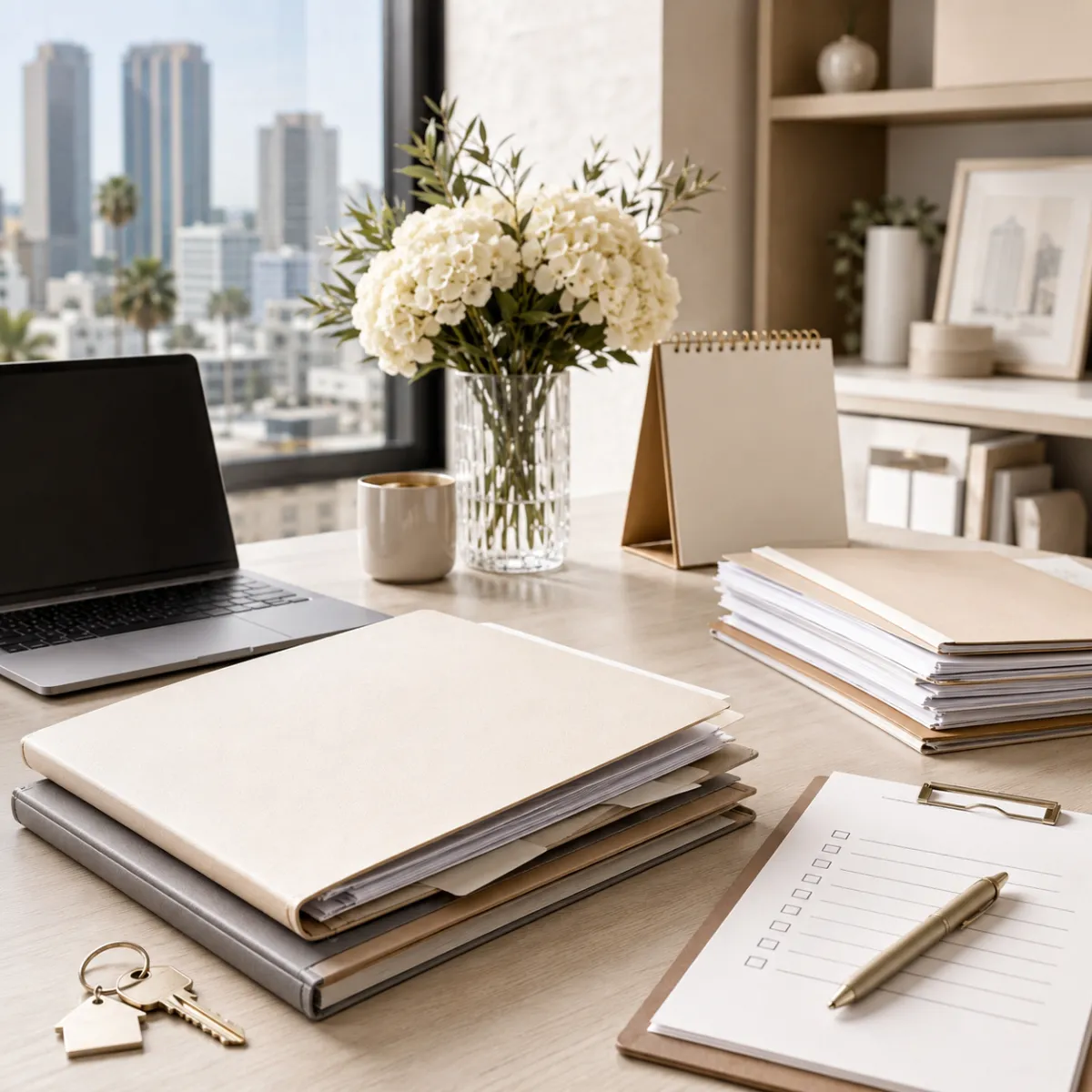 Los Angeles real estate transaction coordination desk with files and checklist