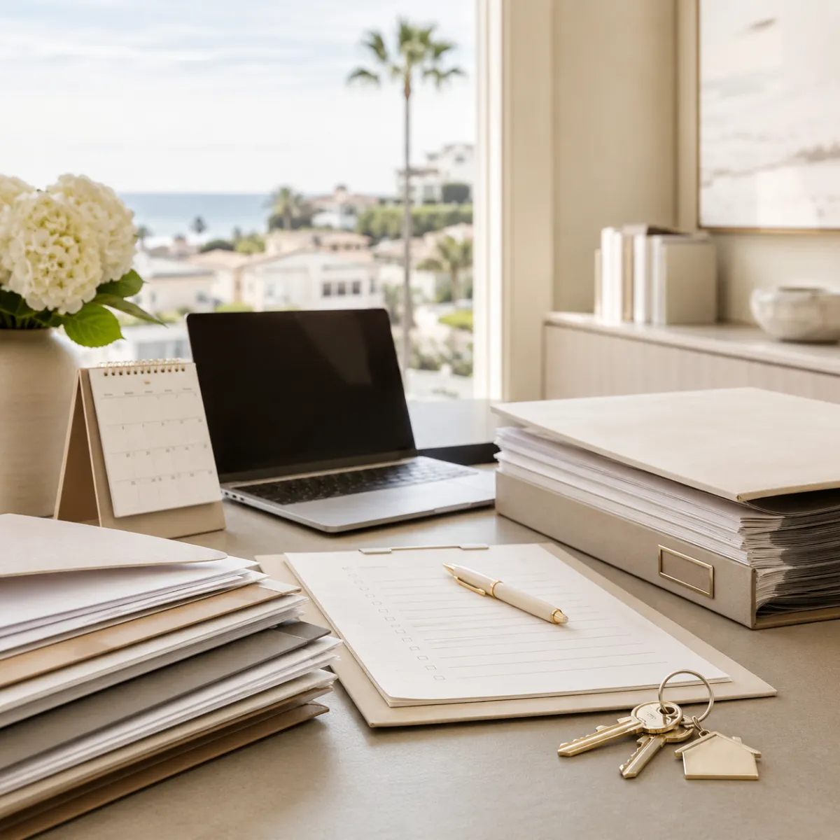 Orange County real estate transaction coordination desk with files and checklist