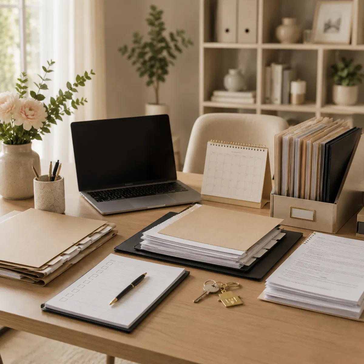 Virtual transaction coordinator workspace with laptop files and checklist