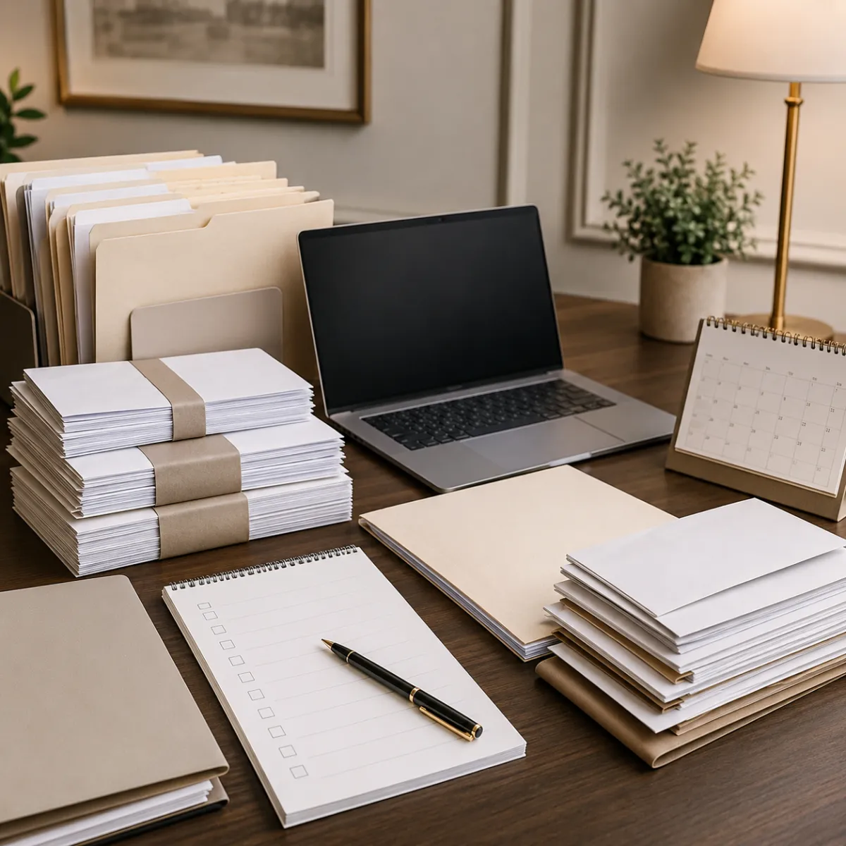 Real estate transaction coordination desk with documents and checklist