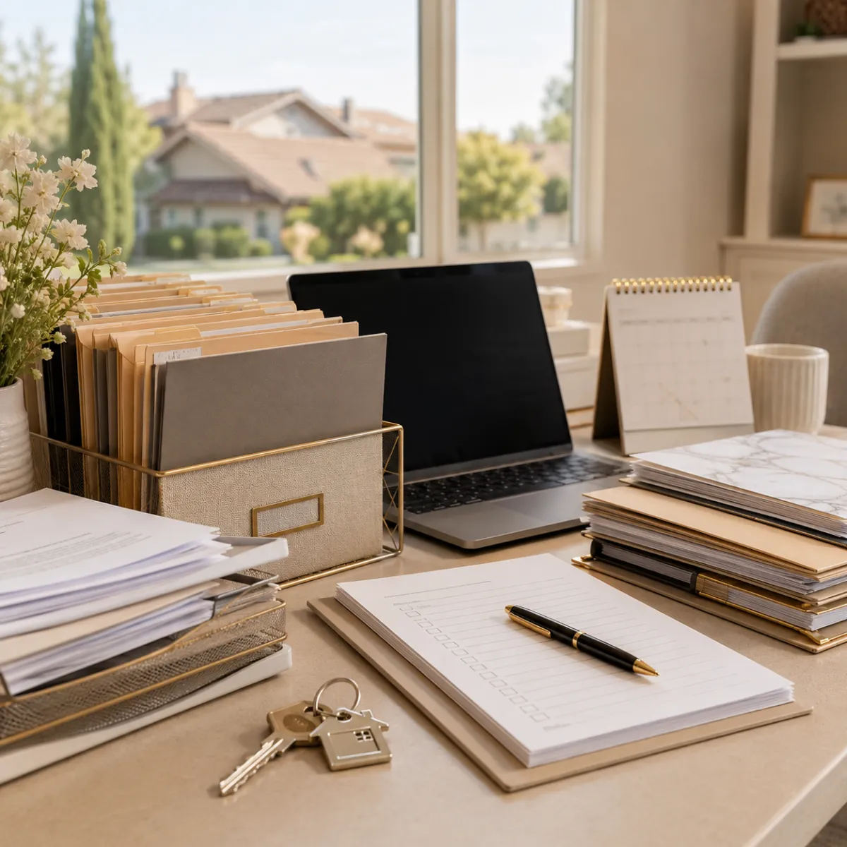 Fresno County real estate transaction coordination desk with files and checklist