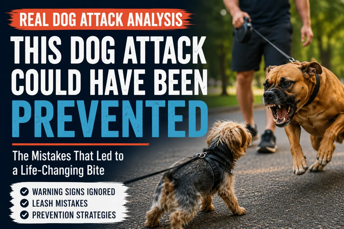 Professional dog trainer analyzes a real dog attack, showing an aggressive dog lunging at a small dog while explaining the warning signs, leash mistakes, and prevention strategies that could have prevented the incident.