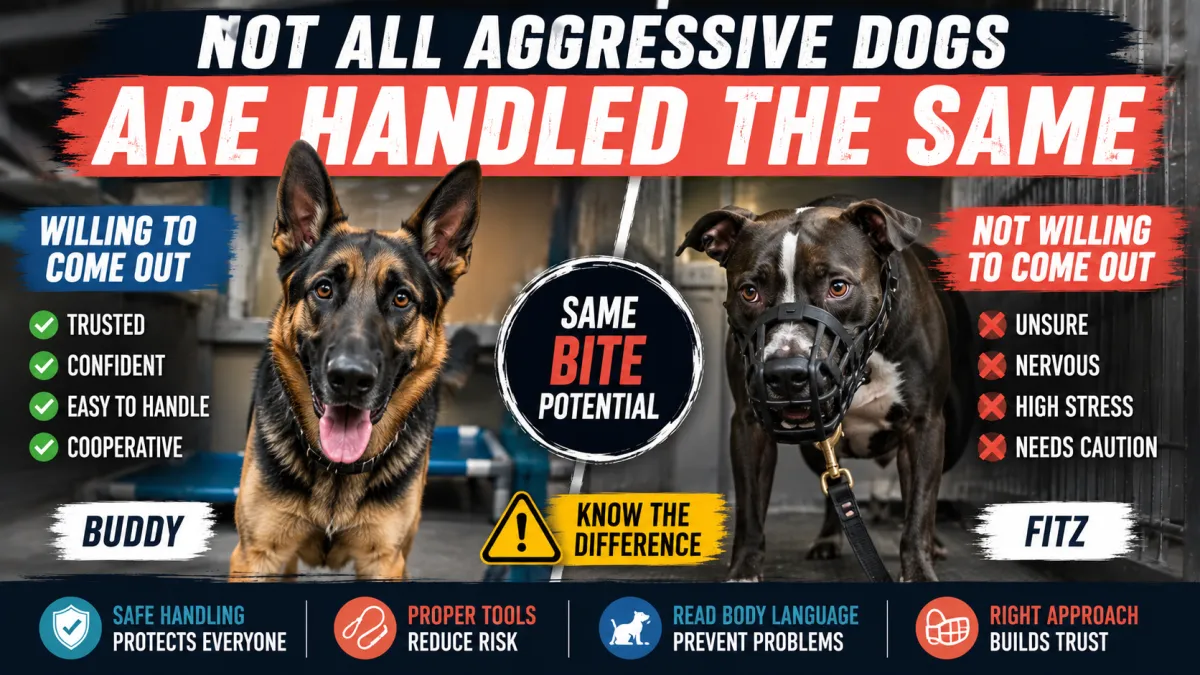 Comparison of two aggressive dogs showing why different dogs require different handling techniques based on body language, stress level, and behavior despite having the same bite potential.