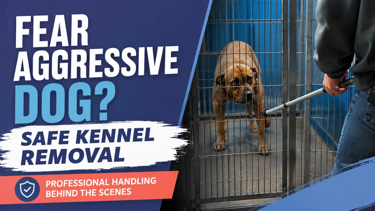 Professional dog trainer demonstrating safe handling techniques for removing a fear aggressive dog from a kennel during a board and train program, with fearful dogs resting on elevated cots in the background.