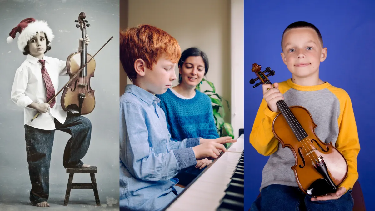 Two children playing an upright piano together, one focusing on the lower keys and the other on the higher ones. Both kids are smiling, engaged in playing, in a cozy room with warm lighting. The scene highlights the joy of collaborative music-making.