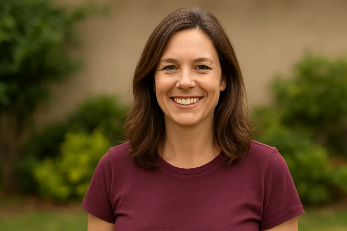 woman with red shirt smiles for customer testimonial picture